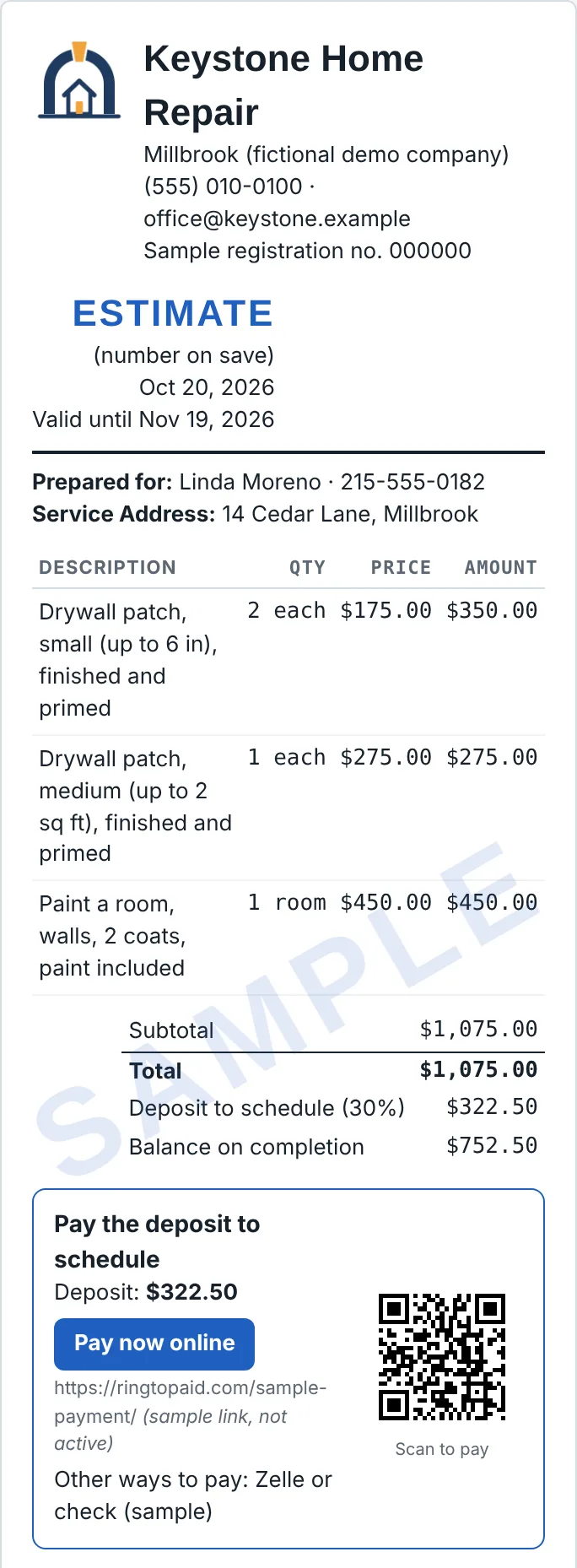 Screenshot of the estimate Speak-to-Invoice drafted from that sentence: three line items priced from the rate card, total $1,075, a 30% deposit of $322.50, and a Pay now button with a QR code for the deposit